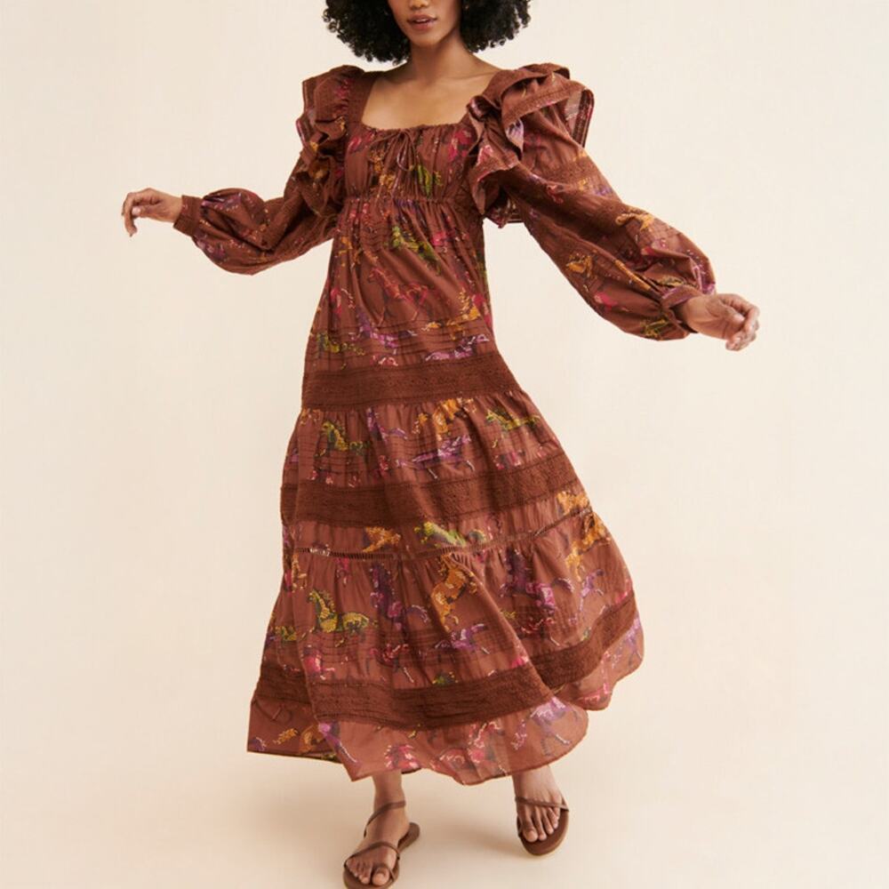 Farm Rio Dotted Horse Tiered Cotton Maxi Dress Size S